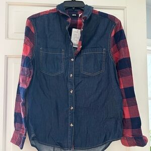 BDG Women's Denim and Plaid Button Down Shirt - Red and Blue